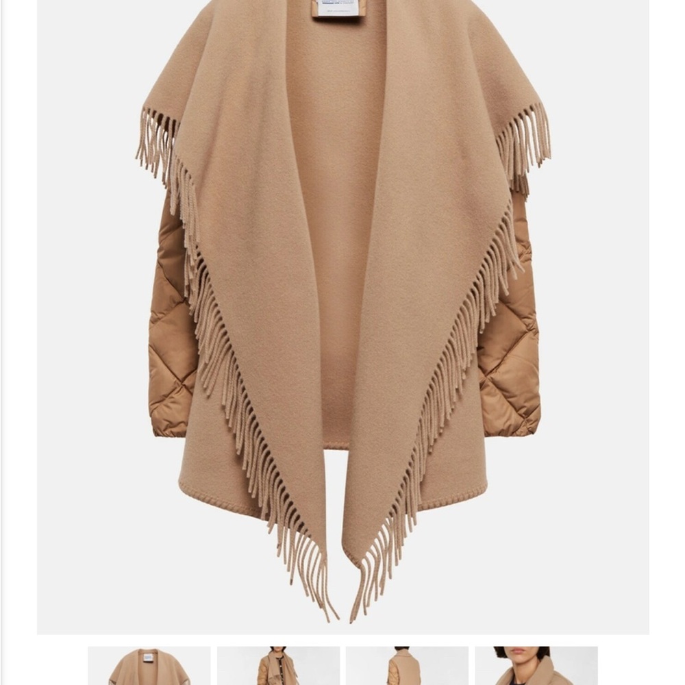 Authentic Moncler Tan Fringed Puffer wool open shawl Jacket